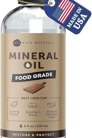 Kate Naturals Mineral Oil for Wood Cutting Board, Butcher Block, and Knife Food Grade Mineral Oil for Wooden Cutting Board & Utensils (8oz, Food Safe)