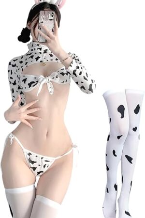 Women Sexy Cow Lingerie Set Anime Maid Cosplay Costume Sexy Roleplay Costumes Crop Top Set with Underpants Headband Stockings