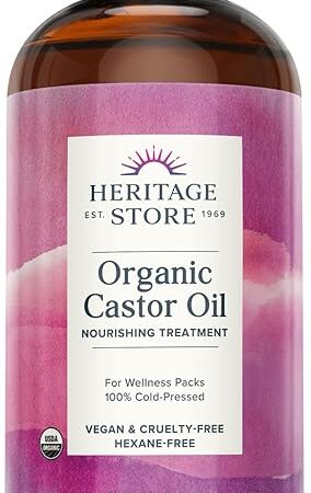 HERITAGE STORE Organic Castor Oil - Glass Bottle - Nourishing Treatment for Hair and Skin - Hair Oil, Eyelash Serum for Eyelashes, Brows, Castor Oil Packs - Cold Pressed, Hexane Free, Vegan 32oz