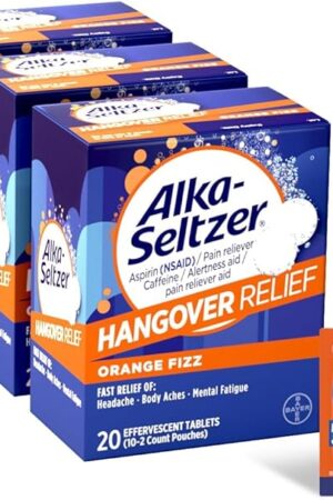 Alka-Seltzer Hangover Relief Tablets, Fast Relief Starts In About 15 Minutes for Headaches, Body Aches & Mental Fatigue, Bachelorette & Bachelor Party Packs 60 Count (3 Boxes, 20 Tablets Each)