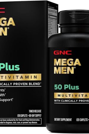 GNC Mega Men 50 Plus Multivitamin Caplets, Clinically Proven, Heart & Prostate Health, B Vitamins, Saw Palmetto, Memory, Vitamin D-3, 120 count