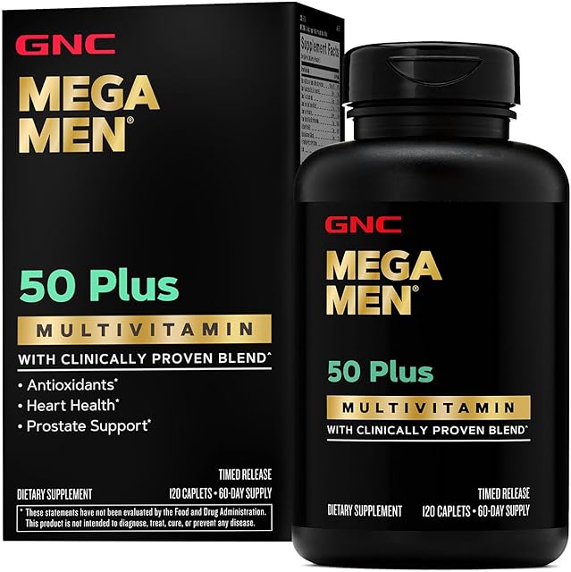 GNC Mega Men 50 Plus Multivitamin Caplets, Clinically Proven, Heart & Prostate Health, B Vitamins, Saw Palmetto, Memory, Vitamin D-3, 120 count