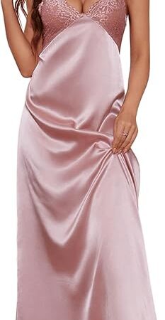 Women's Lace Backless Sexy Long Satin Sleepwear Deep V Neck Sleeveless Nightgown