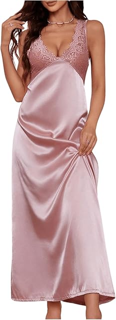 Women's Lace Backless Sexy Long Satin Sleepwear Deep V Neck Sleeveless Nightgown