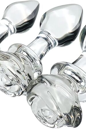 3PCS Clear Rose Glass Anal Plug, Small Medium and Big Clear Glass Butt Plug Training Set Anal Plug Trainer Kit Sex Slave Anus Dilator Prostate Massage Anal Sex Toy for Women Men Couple