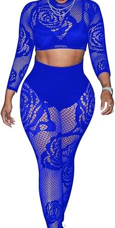 Women's Sexy Fishnet Seamless 2 Piece Outfits Mock Neck Long Sleeve Crop Top Legging Set Club Lingerie Sets