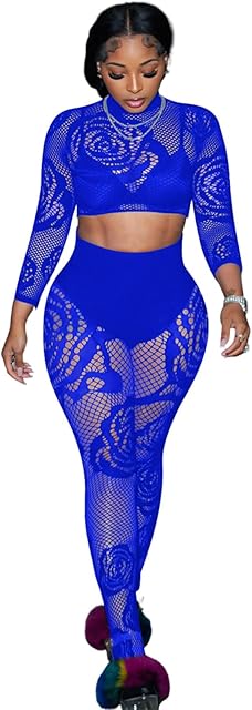 Women's Sexy Fishnet Seamless 2 Piece Outfits Mock Neck Long Sleeve Crop Top Legging Set Club Lingerie Sets