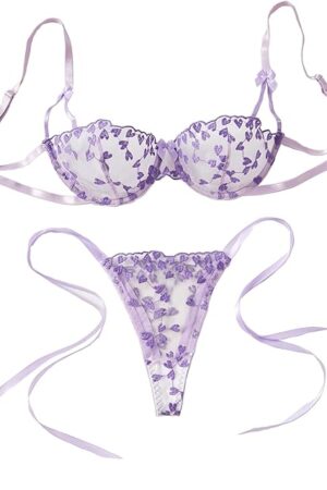 Women's Sexy Tie Side Cute Underwire Push Up Embroidered Mesh Sheer Lingerie Set