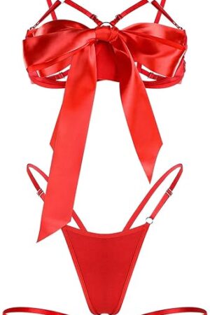Women Sexy Lingerie Set Satin Bow Tie Lingerie Unwrap Me Present Lingeries for Christmas Valentines