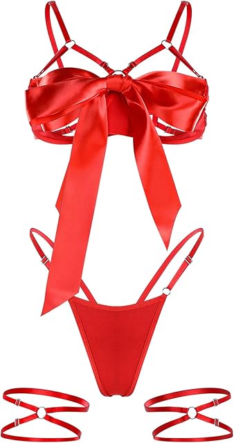 Women Sexy Lingerie Set Satin Bow Tie Lingerie Unwrap Me Present Lingeries for Christmas Valentines