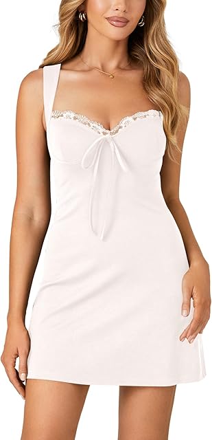 Women's Sexy Sleeveless Tie Front Lace Trim Sweetheart Neck A Line Party Mini Dress