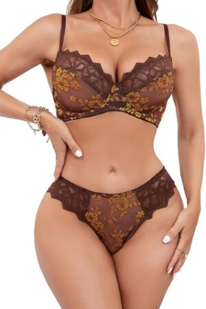 Women's Sexy Lace Mesh Lingerie Set Floral Underwire Push Up Bra and Panty 2 Piece Sets