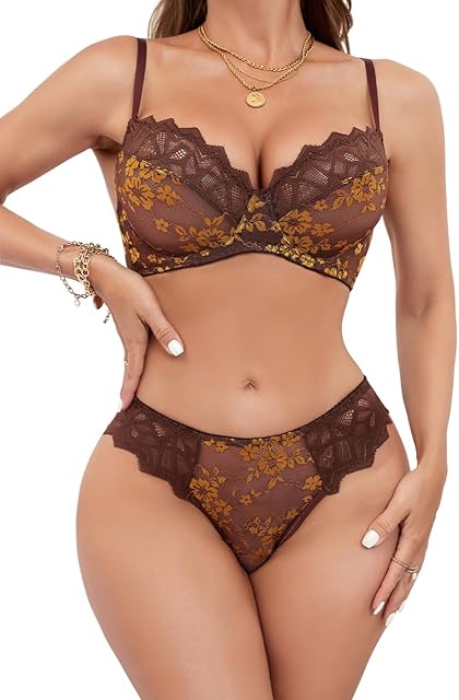Women's Sexy Lace Mesh Lingerie Set Floral Underwire Push Up Bra and Panty 2 Piece Sets