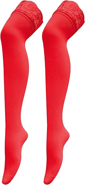 Women's Opaque Stretchy Nylon Over Knee Thigh High Stockings Sexy Lace Top Knee High Costume Socks