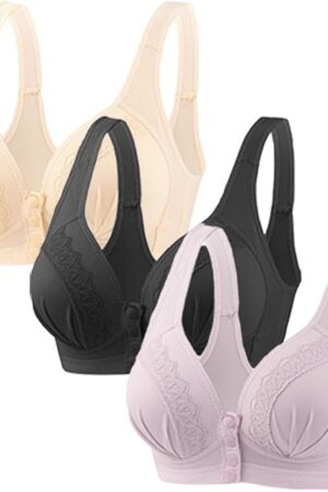 Glamorette Snap Front Bra for Older Women - Sexy Lace Embroidered Pull-On Front Closure Button Bra