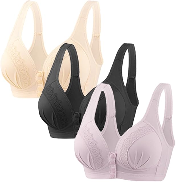 Glamorette Snap Front Bra for Older Women - Sexy Lace Embroidered Pull-On Front Closure Button Bra