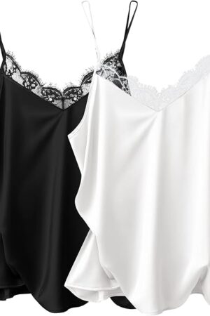 Women's 2 PCS Cami Top Satin Tank Top Adjustable Spaghetti Strap Camisole