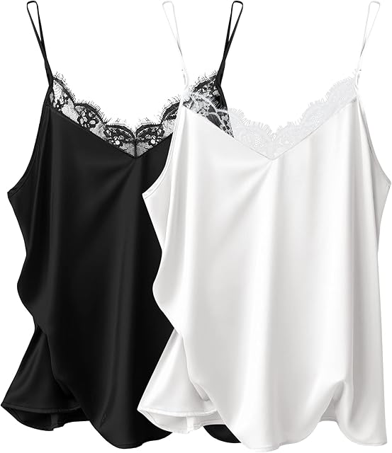 Women's 2 PCS Cami Top Satin Tank Top Adjustable Spaghetti Strap Camisole