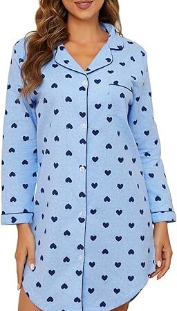 Women Sleepshirt Flannel Cotton Nightshirt Plaid Nightgowns Long Sleeve Button Down Pajamas Sleepwear Plus Size