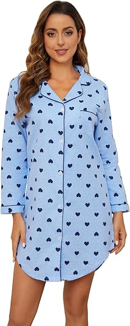 Women Sleepshirt Flannel Cotton Nightshirt Plaid Nightgowns Long Sleeve Button Down Pajamas Sleepwear Plus Size