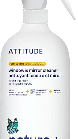 ATTITUDE Window & Mirror Cleaner, EWG Verified, Plant- & Mineral-Based, Vegan & Streak-Free Glass Spray, Citrus Zest Scent, 27.1 Fl Oz