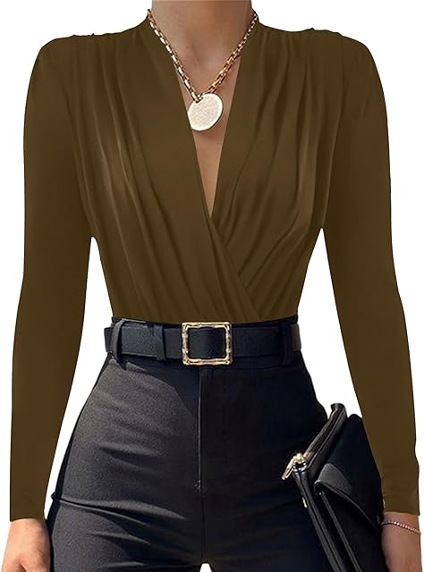 Women's Wraped V Neck Ruched Long Sleeve Leotard Bodysuit Top