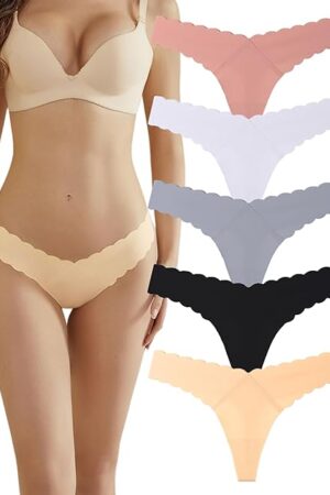 Women's Seamless Thong Low Rise Underwear No-Show Panty Lines Cotton Crotch Stretchy and Comfortable Panties 5 Pack