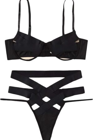 Women's Floral Embroidery Sheer Mesh Ruffle Harness Lingerie Set