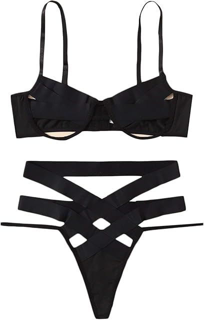 Women's Floral Embroidery Sheer Mesh Ruffle Harness Lingerie Set