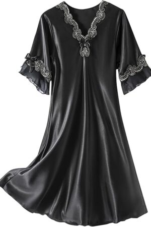 Women's Satin Silk Nightgown 3/4 Ruffle Sleeve Sleeping Dress Scallop V Neck Silky Soft Sleepwear for Wedding Bridal