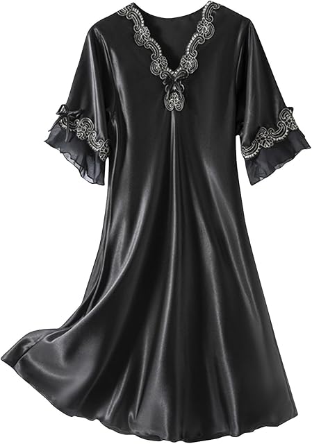 Women's Satin Silk Nightgown 3/4 Ruffle Sleeve Sleeping Dress Scallop V Neck Silky Soft Sleepwear for Wedding Bridal