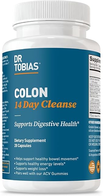 Dr Tobias Colon 14 Day Cleanse, Advanced Gut Cleanse Detox for Women & Men with Cascara Sagrada, Psyllium Husk, Senna Leaf & Probiotics, Non-GMO Colon Cleanse, 28 Capsules 1-2 Daily