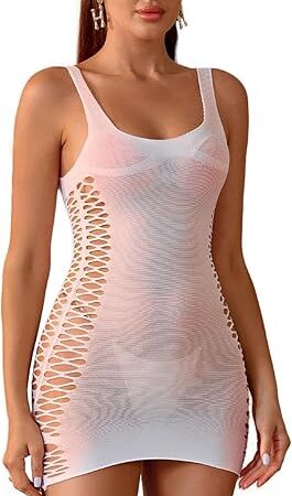 Womens Sexy Fishnet Bodysuit Lingerie Bodycon Dress Scoop Neck Hollow out Mesh Babydoll Mini Dress One Size