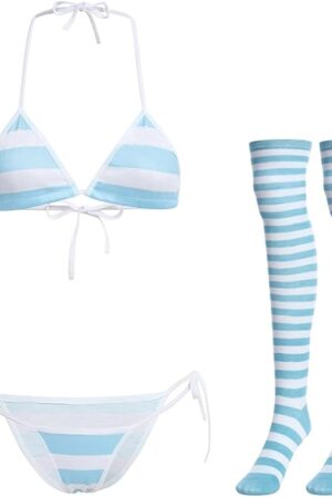 Women Sexy Kawaii Anime Lingerie Set Striped Micro Bra Tiny Panty Garter Belt Stockings 4Pcs Cute Japanese Underwear