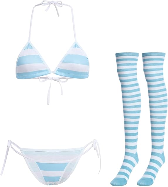 Women Sexy Kawaii Anime Lingerie Set Striped Micro Bra Tiny Panty Garter Belt Stockings 4Pcs Cute Japanese Underwear