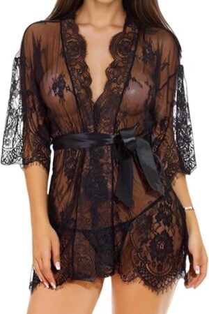 dream love Women Kimono Robe Floral Lace Babydoll Lingerie Sheer Mesh Nightgown S-XXL