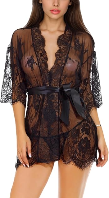 dream love Women Kimono Robe Floral Lace Babydoll Lingerie Sheer Mesh Nightgown S-XXL