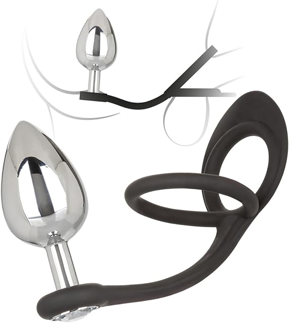 Cock and Ball Ring Metal Anal Plug Men Sex Toy Penis Butt Prostate Massager Stimulator Adult for Male Penisring Steel Analplug Ass Hole Trainer Adult Cockring (L)