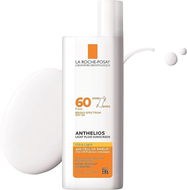 La Roche-Posay Anthelios Light Fluid Facial Sunscreen SPF 60, Lightweight Sunscreen For Face, Fluid Texture, Broad Spectrum SPF + Antioxidants, Oil Free & Oxybenzone Free, Travel Size 17 Fl Oz