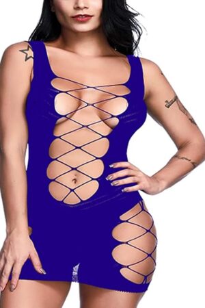 Women Sexy Fishnet Lingerie Sleepwear V-Neck Babydoll Chemise Nightwear Mini Teddy Dress Dress One Size