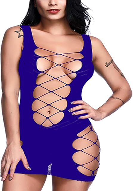 Women Sexy Fishnet Lingerie Sleepwear V-Neck Babydoll Chemise Nightwear Mini Teddy Dress Dress One Size
