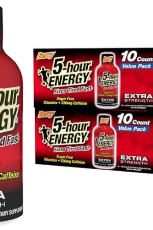 5-hour ENERGY Shots Extra Strength, Berry Flavor, 30 Count, 193 Fl Oz, Sugar Free, Zero Calories, Amino Acids and Essential B Vitamins, Dietary Supplement, Feel Alert and Energized, 230 mg Caffeine