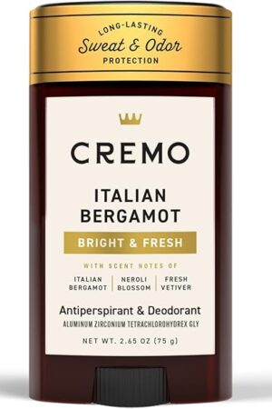 Cremo Italian Bergamot Antiperspirant & Deodorant for Men, 48-hour Sweat and Odor Protection, 265oz