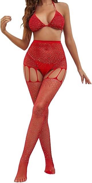 Women Bodysuit Women Sexy Rhinestone Fishnet Diamonds Bodycon Suit Full Body Stocking Bodystocking Lingerie Dress