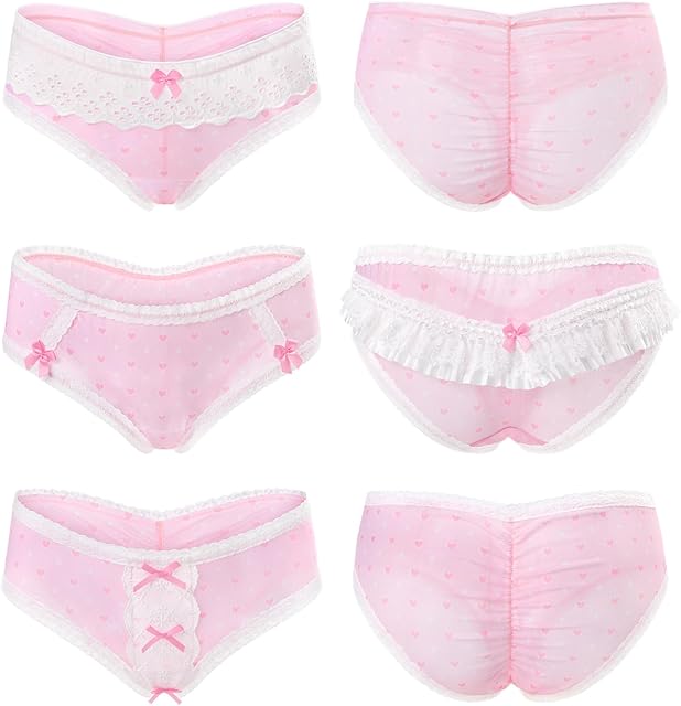Women's Ladies Soft Mesh Lacy Underwear Comfortable Hipster Briefs Babydoll Pink Princess 3 Pack Panties Set