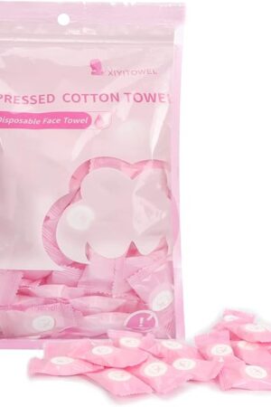Classycoo Compressed Towel 100 PCS Mini Tablets Disposable Portable Face Towel Cotton Coin Tissue Eco-Friendly for Travel, Camping, Hiking, Sport, Beauty, Home Hand Wipes, Outdoor Activities Pink