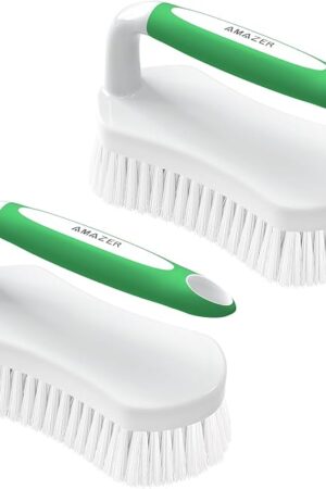 Amazer Scrub Brush for Cleaning Comfort Grip Shower Scrubber Stiff Bristles with Handle Heavy Duty Cleaner Brush for Tub Sink Carpet Floor - Pack of 2 (Green+Green)