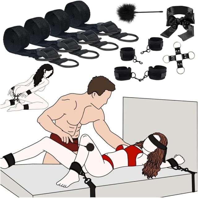 BDSM Bed Bondage Kit SM Sex Toys Restraints Set with Handcuffs Sex Straps Cuffs Blindfold & Feather Tickler, Hogtie Sex Toys Couples for Adult Men Women