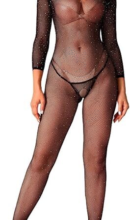 Womens Sexy Fishnet Bodystockings Rhinestone Lingerie Crotchless Tights Stretchy Bodycon Basic Underwear