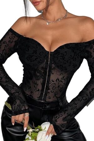 Women Lace Bodysuit Tops Sexy Sheer Mesh Long Sleeve Bodysuit Fall Stylish V Neck Slim Jumpsuits for Going Out Outfit